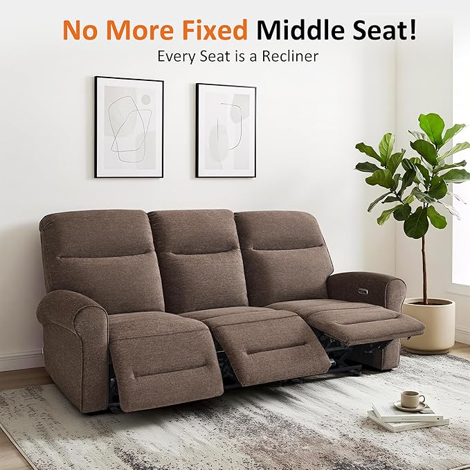 MCombo 87.8" Wall Hugger Power Reclining Sofa, 3-Seat Triple Recliner Couch with USB Ports, Rolled Arm Space Saving Recliner Sofa for Living Rooms Apartments RV, Fabric PR635M5 (Dark Brown) | 1.4" Wall Clearance