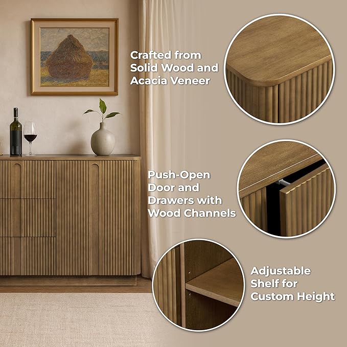Teamson Home Potomac 42'' W Scandinavian Style Sideboard with 3 Drawer 1 Door and Adjustable Shelf, Solid Wood Frame, Push to Open and Acacia Veneer Living Room Storage Furniture in Greige