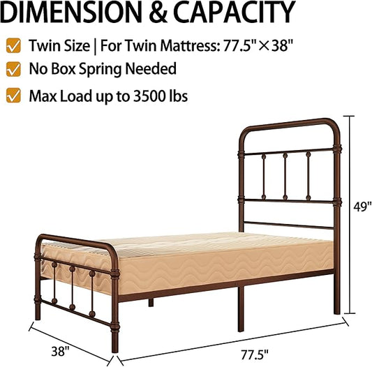 Twin-Bed-Frames with headboard for-Kids Giselle-Vintage Antique Metal - Platform Mattress Foundation,49 inch High,No Box Spring Needed(Brown)