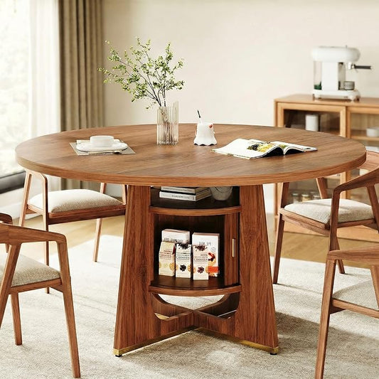 IRONCK 47 Inch Round Dining Table for 4-6 People with Built-in Storage Cabinet, Mid-Century Modern Kitchen Table for Dining Room, Kitchen, Living Room (Walnut)