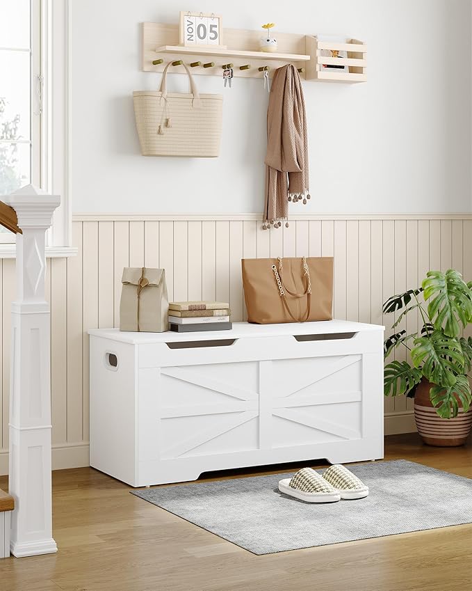 39.4" Storage Chest, Extra Large Storage Trunk with 2 Hinges, Wooden Box Bench, Lift-Top Organizer Chest, Shoe Bench for Entryway, Bedroom, Living Room, White SB03403X
