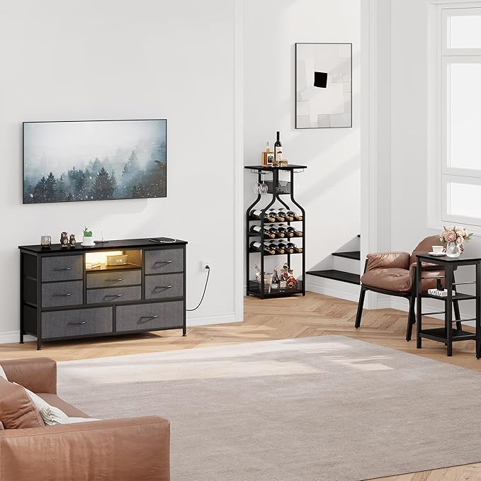 Jojoka 8-Drawer LED Dresser TV Stand with Power Outlet for 55'' TV - Wide Storage Chest for Bedroom, Living Room & Entryway, Wood Top Console Table with 22 Light Modes