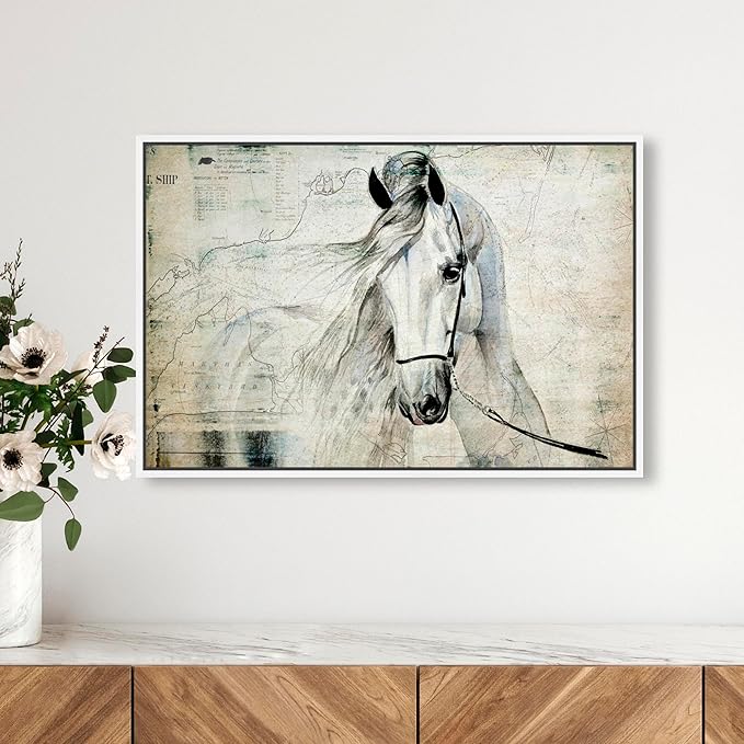 Country Farmhouse Canvas Print Painting Animal Wall Art 'Southern White Horse' White Framed Canvas Rustic Home Décor 24x16 in Gray, Brown by Oliver Gal