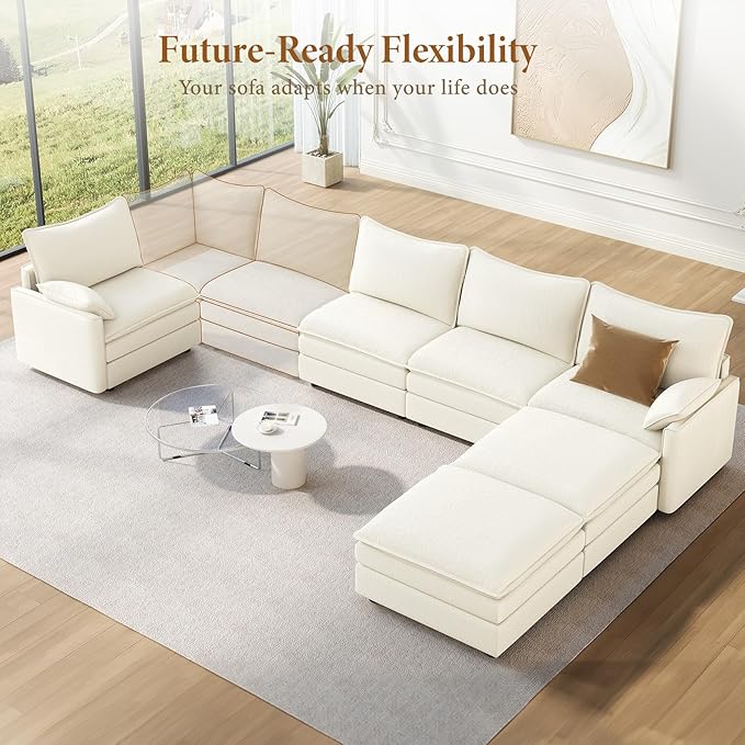 Vesgantti 142" U Shaped Sectional Couch, Comfy Cloud Modular Sectional Sofa with 2 Ottoman Deep Seat Chenille Modern Cloud Sofa, Modular Sofas for Living Room, Bedroom and Apartment, Snow White | Sink-in Comfort, Height Adjustable, Easy Rearrangement, ...