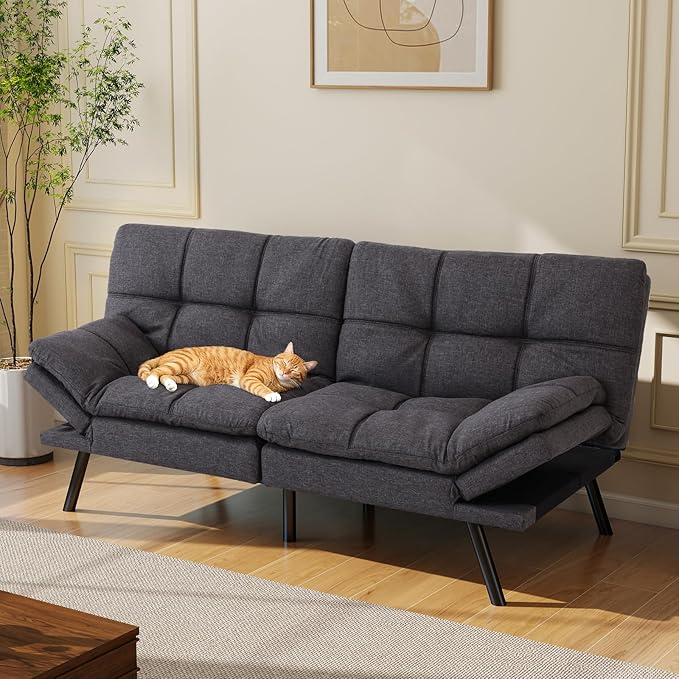 Opoiar Futon Sofa Bed Convertible Memory Foam Grey Couch Bed Futon Sets Folding Modern Sleeper Sofa Gray Loveseat for Studio,Drom,Apartment,Game Room and Small Space