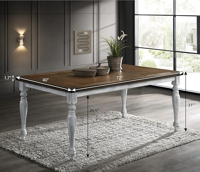 Salines Two-Tone Wood Turned Leg Dining Table, Rustic White and Oak