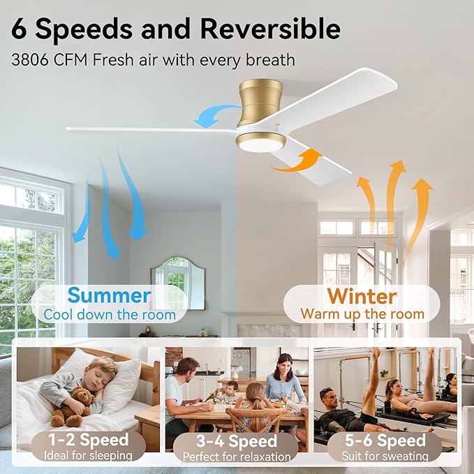 52inch Smart Ceiling Fans with Lights,Low Profile Modern Wood Ceiling Fans,Remote/APP/Alexa Control,Outdoor Indoor Flush Mount Ceiling fan,for Bedroom Living room Patio,3 Blade,White Gold,Quiet