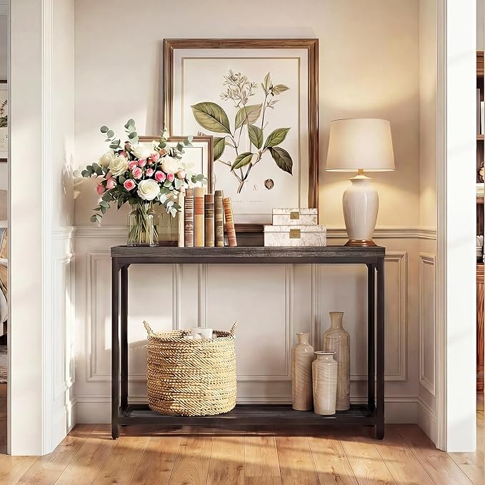 32" Small Console Table, 2-Tier Narrow Entryway Table, Sofa Table with Mesh Shelves, Console Tables for Living Room, Hallway, Entryway, Farmhouse Console Table with Storage, Oak Grey