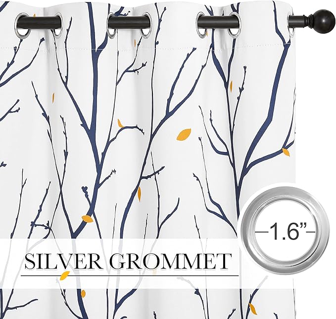 NICETOWN Navy Blue Branch White Curtains for Half Windows 63" L, Grommet Top Thermal Insulated Room Darkening Tree Curtains with Elegant Petal Rain for Bedroom/Living Room, 2 Panels=104" W