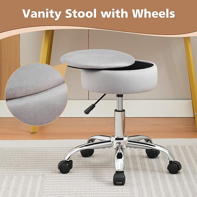 Adjustable Vanity Stool with Storage Rolling Vanity Chair with Wheels Swivel Vanity Stool Chair for Vanity Makeup Stool Grey