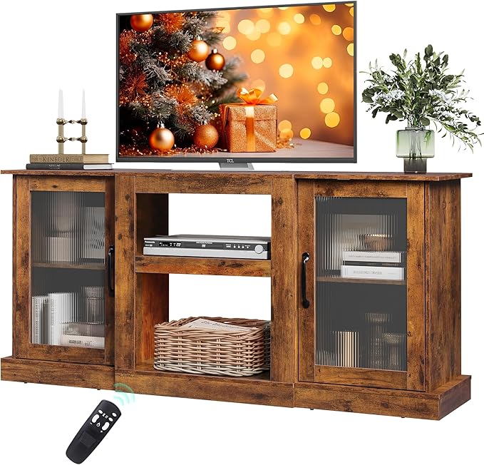 WLIVE Farmhouse TV Stand for 65 inch TV, 58" Entertainment Center with Storage Cabinets, Open Shelves TV Console for Living Room and Bedroom, Rustic Brown