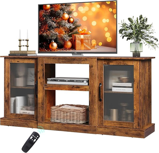 WLIVE Farmhouse TV Stand for 65 inch TV, 58" Entertainment Center with Storage Cabinets, Open Shelves TV Console for Living Room and Bedroom, Rustic Brown