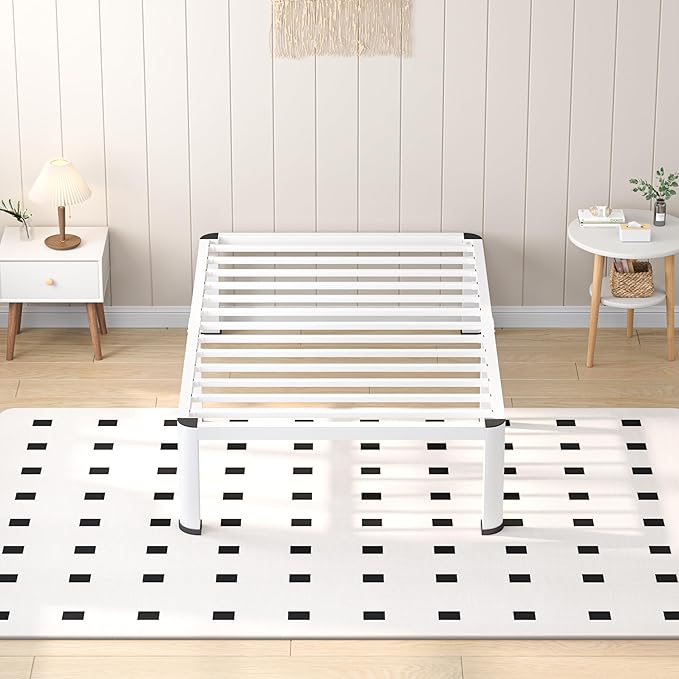14 Inch White Twin Heavy Duty 3500 lbs Bed Frame with Round-Corner Legs & Anti-Squeak Design – Quick Assembly Metal Platform, No Box Spring Needed