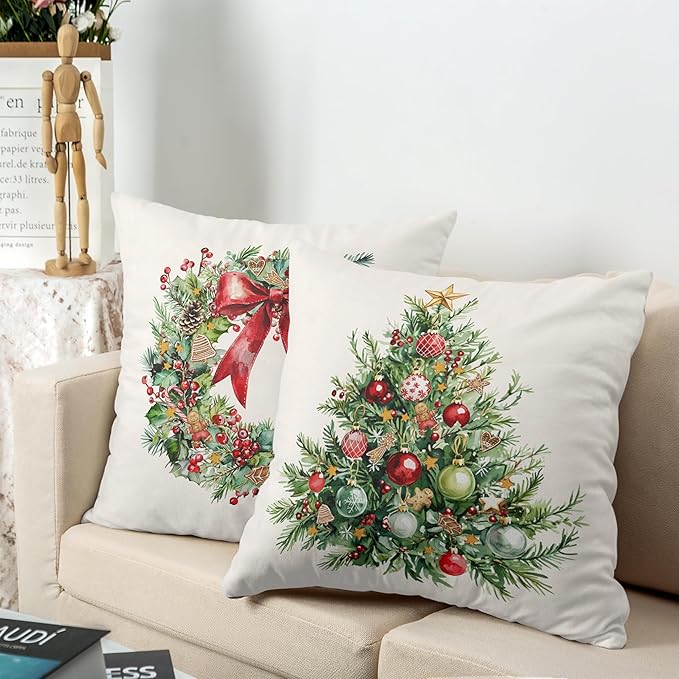 Set of 2 Christmas Tree Pillow Covers Xmas Wreath Throw Pillow Covers Red and Green Decorative Pillow Case 24x24 Winter Holiday Cushion Case for Home Decor Couch Sofa