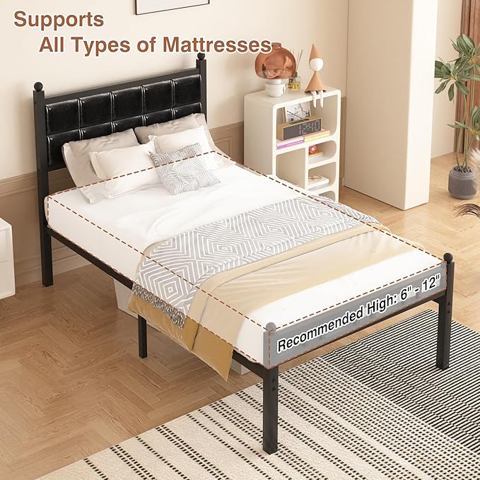 VECELO Twin Metal Bed Frame, Faux PU Leather Platform Beds with Upholstered Headboard and Footboard, Strong Slats Support, 12" Underbed Storage, Noise-Free, No Boxing Spring Needed, PU Black