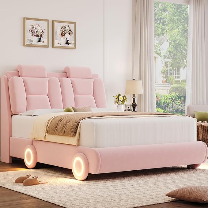 Keyluv Queen Led Car Bed Frame with Wheels Decor & Adjustable Curved Headboard Modern Upholstered Platform Bed with Detachable Pillows Solid Wooden Slats Support No Box Spring Needed, Velvet Pink