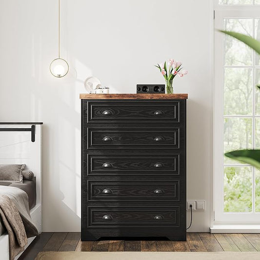 LIKIMIO 43" Tall 5 Drawers Dresser for Bedroom, Power Strip, Farmhouse Large Wood Dressers & Chest of Drawers with Wide Storage Cabinet, Black