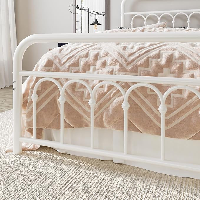 Allewie 14 Inches Full Size Metal Platform Bed Frame with Victorian Style Curved Iron-Art Headboard/Footboard, Metal Slats Support, Easy Assembly, Under Bed Storage, No Box Spring Required, White