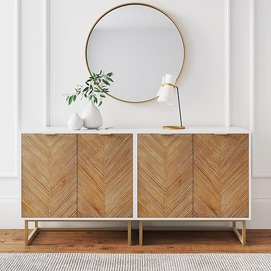 Nathan James Enloe Modern Storage Free Standing Accent Cabinet TV Stand with Doors in a Rustic Pine Wood Finish and Gold Metal Base for Hallway, Entryway or Living Room, Brown/White/Gold, Set of 2