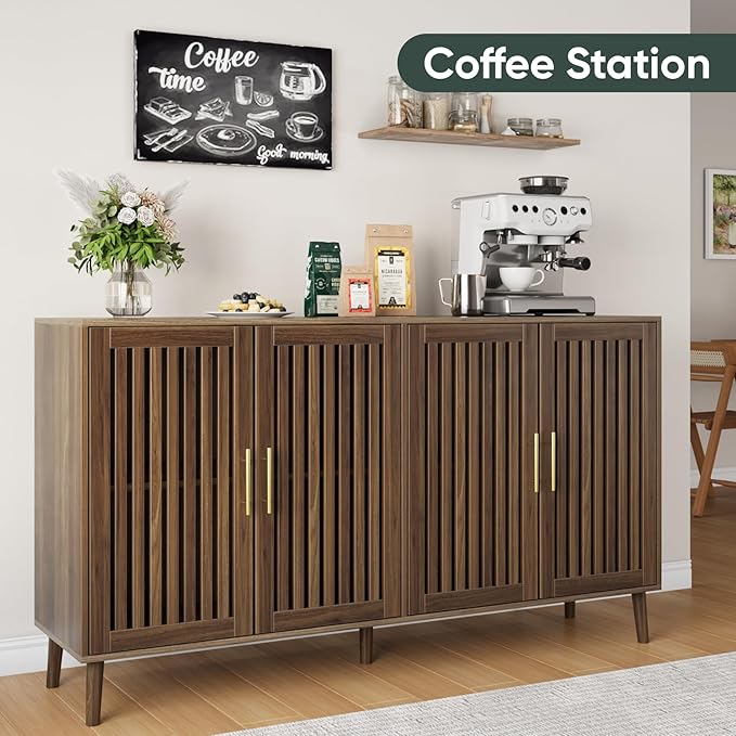 63" Long Sideboard Buffet with 4 Slatted Doors, Farmhouse Buffet Storage Cabinet with Adjustable Shelf, Coffee Bar Cabinet for Entryway, Kitchen, Dining Room, Living Room, Walnut Color | 4 Louvered Doors, Farmhouse Buffet, Storage Cabinet, Gold Handle,...
