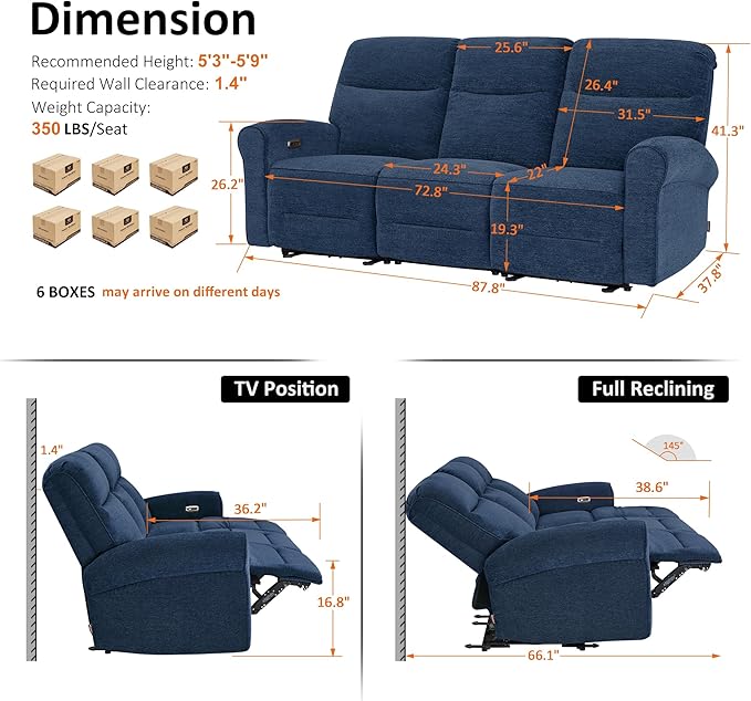 MCombo 87.8" Wall Hugger Power Reclining Sofa, 3-Seat Triple Recliner Couch with USB Ports, Rolled Arm Space Saving Recliner Sofa for Living Rooms Apartments RV, Fabric PR635M5 (Navy Blue) | 1.4" Wall Clearance