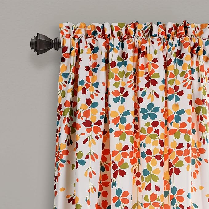 Lush Decor Weeping Flower Light Filtering Window Curtain Panels,Pair,52" W x 84" L + 2" Header,Turquoise&Tangerine Charming Modern Floral Curtains for Living Room, Dining Room & Bedroom(Pack of 8)
