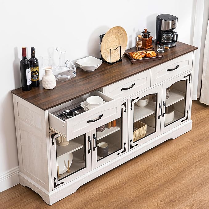 66" Large Buffet Cabinet Sideboard, 4 Doors and 3 Drawers, Farmhouse Coffee Bar Cabinet with Patterned Glass Door, Adjustable Shelve, 66W x 15.8D x 31.9H (Glass Door, White Walnut Grain)