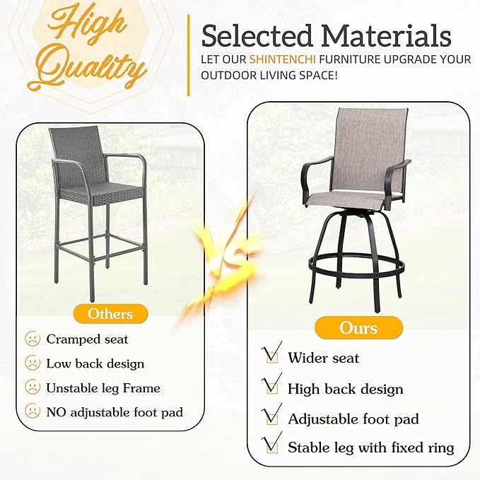 Shintenchi 2 Piece Patio Swivel Bar Chairs, All Weather Textile Outdoor Metal Bar Stools Patio Chairs Set of 2 with High Back, High Top Bistro Set Furniture for Balcony, Backyard, Garden, Deck, Taupe