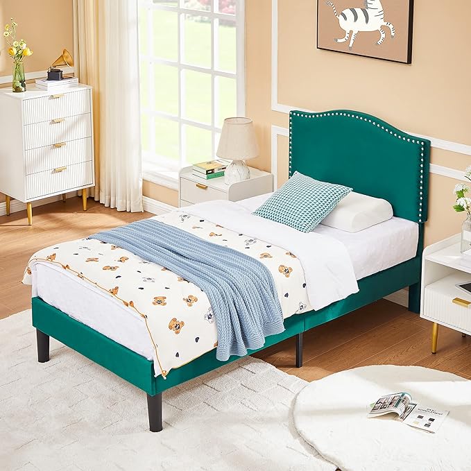 VECELO Twin Bed Frame, Platform Bed Frame with Adjustable Height Upholstered Headboard, Heavy-Duty Frame and Strong Wooden Slats Support, Non-Slip and Noise-Free, Easy Assembly, Dark Green