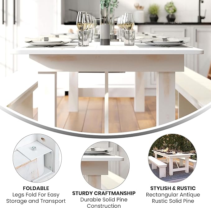 Flash Furniture Hercules Commercial Grade Farmhouse Dining Table | Solid Pine Foldable Table for 10 in Antique Rustic White | Rustic Charm for Home and Events