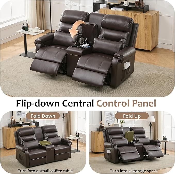 DRMBOOK RV Loveseat Recliner Sofa with Console, Faux Leather Double Wall Hugger Reclining Couch Manual Home Movie Seating 2 Person Recliner Chair with Cup Holders/Storage/Pocket/Lumbar Pillow, Brown