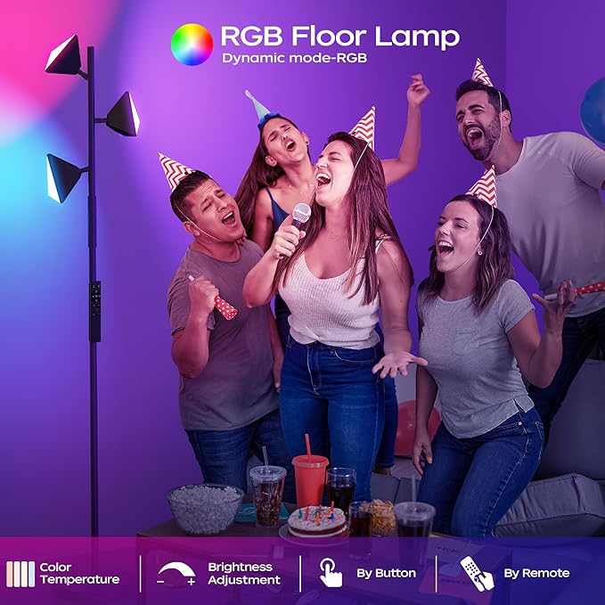 36W RGBCW Floor Lamp, Color Changing LED Tree Floor Lamp, Stepless Dimmable Tall Standing Lamp with Remote & Touch Control, 2700K-6500K Modern Floor Lamps for Living Room, Bedroom, Gaming Room - Black