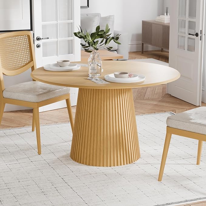 Casaphoria 46" Round Dining Table, Modern Wood Kitchen Table with Cone Grating Bar Base for Living Room & Dining Room, Easy Assembly Farmhouse Furniture for 4-6, Oak