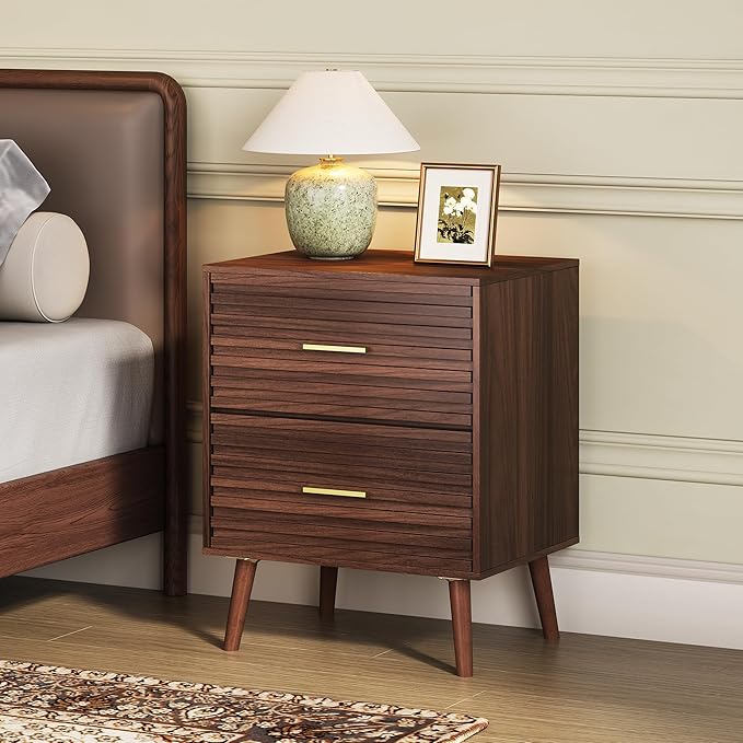WLIVE Mid Century Modern Nightstand, Fluted Wood Bedside Table with Two Drawers, Brown Night Stand for Bedroom