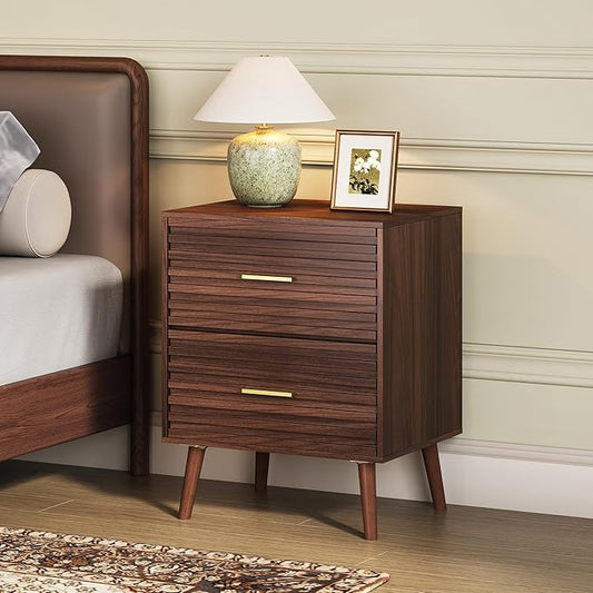 WLIVE Mid Century Modern Nightstand, Fluted Wood Bedside Table with Two Drawers, Brown Night Stand for Bedroom