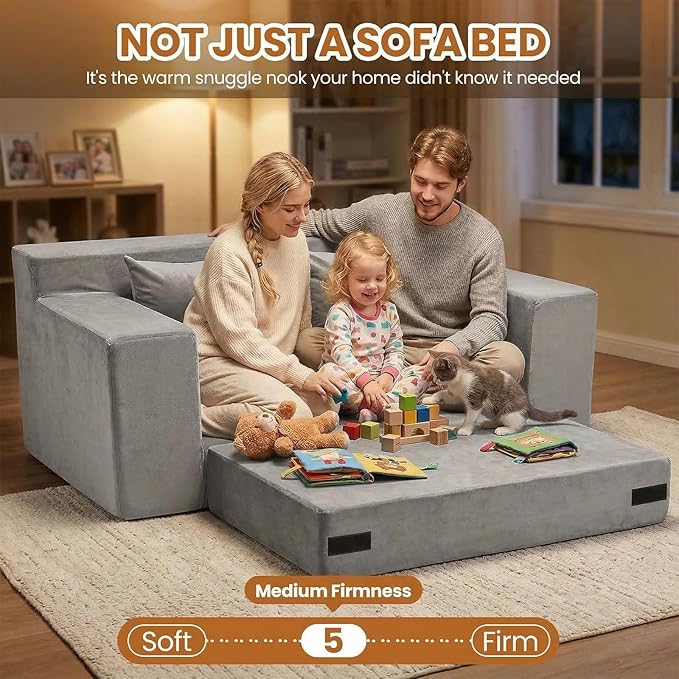 Convertible Sofa Bed, 5 in 1 Small Boneless Couch Pull Out Loveseat Sleeper Sofa,Corduroy Futon Couch Folding Mattress with 4 Pillows for Living Room (Light Gray, Loveseat(Silky Velvet))