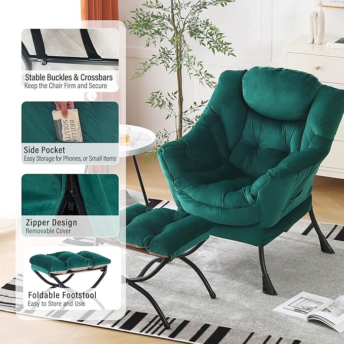 Lazy Chair with Ottoman, Modern Chair with Folding Footrest, Velvet Dark Green Accent Chair, Comfortable Reading Chair, Oversized Armchairs for Bedroom, Study, Living Room, Courtyard