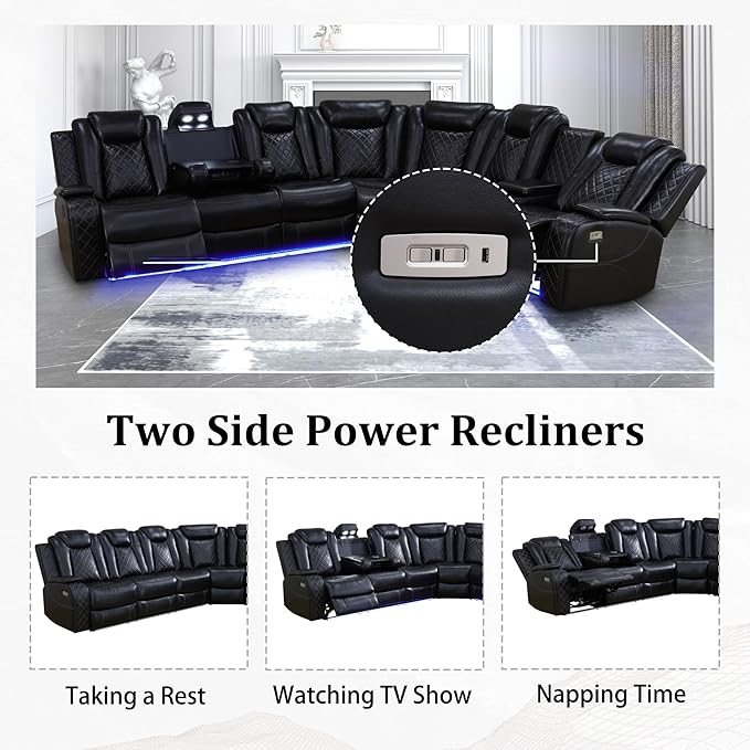 Power Recliner Sectional Sofa with LED, Breathing Leather Reclining Sectional Couch, L Shaped Couch with Dual Recliners, USB Port, Cup Holder&Storage for Living Room (Black)