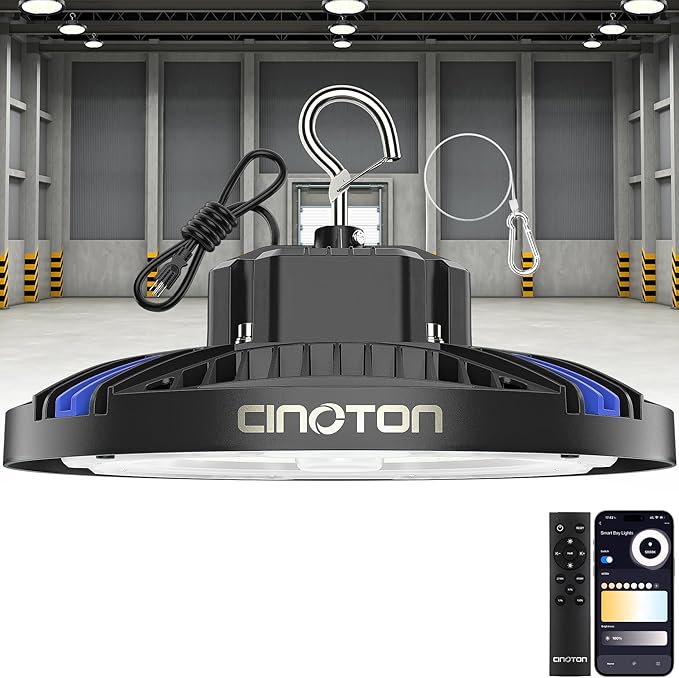 CINOTON Smart UFO LED High Bay Light 210W 29400lm, 2700K-6500K 1-100% Brightness Stepless Dimm Aluminum Shop Lights, ETL Listed Lighting for Garage Workshop, APP/Alexa/Remote Control, 120-277V, 1 Pack