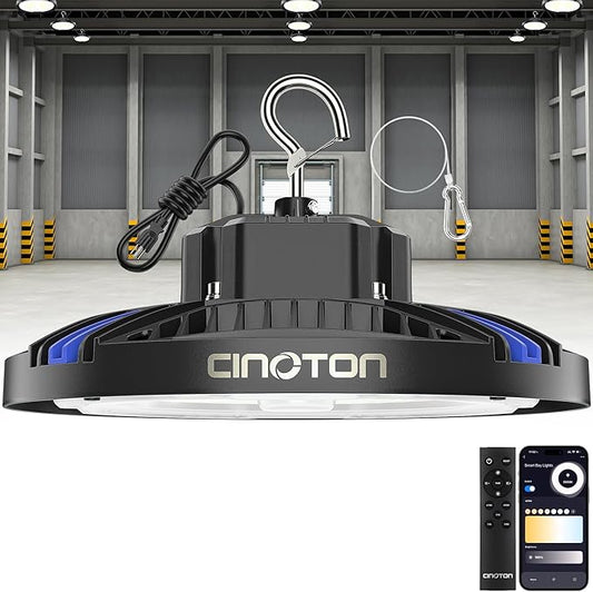 CINOTON Smart UFO LED High Bay Light 210W 29400lm, 2700K-6500K 1-100% Brightness Stepless Dimm Aluminum Shop Lights, ETL Listed Lighting for Garage Workshop, APP/Alexa/Remote Control, 120-277V, 1 Pack