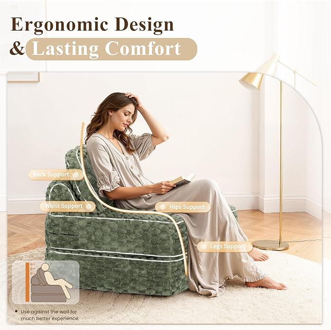 COLAMY Folding Sofa Bed, 3-in-1 Convertible Sleeper Chairs with Pillow,Back Support, Fuzzy Fabric Floor Couch Bed for Adults, Boneless Couches Living Room, Bedroom, Apartment, Green