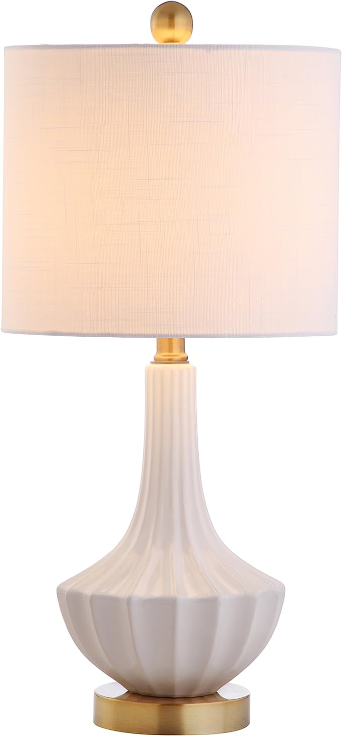 JONATHAN Y 21.5" White Ceramic Mini Table Lamp with Brass Accents, Modern Contemporary Fluted Design with White Linen Shade for Bedroom Living Room, LED Bulb Included JYL1030A