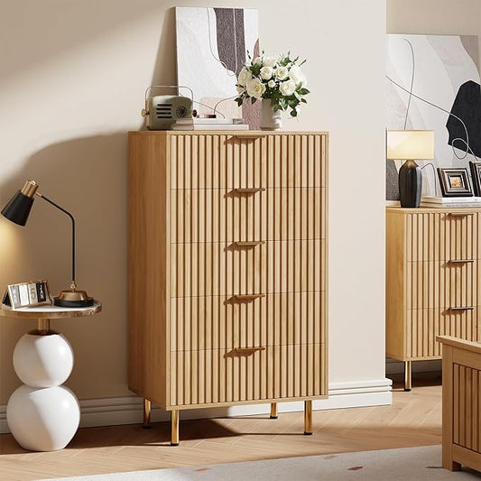 GarveeHome 5 Drawer Dresser for Bedroom, 48 in Tall Modern Chest of Drawers with Deep Drawers and Wide Top, Fluted Wooden Dresser Organizer for Living Room, Hallway, Kids Room, Natural