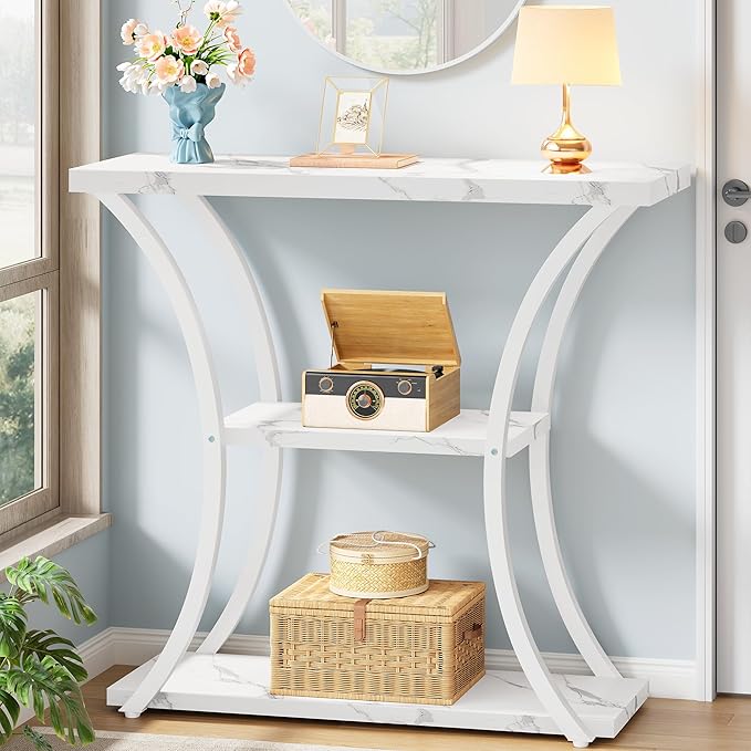 Hoctieon 3 Tier Console Table with Open Wood Shelves, Decorative Entryway Table with Curved Metal Frames, Narrow Sofa Table for Entrance, Living Room, Hallway, White Marbled