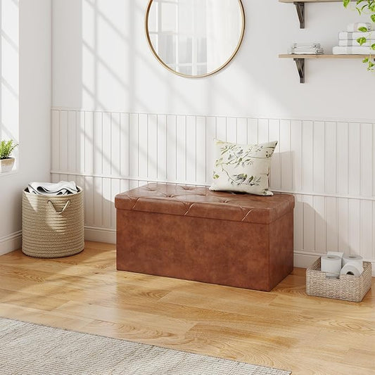 DUMOS 30 Inches Folding Ottoman with Storage Bench, Foot Rest Stool, End of Bed Storage Bench Upholstered, Load 660 lbs, for Living Room, Lychee Grain Leather, Brown