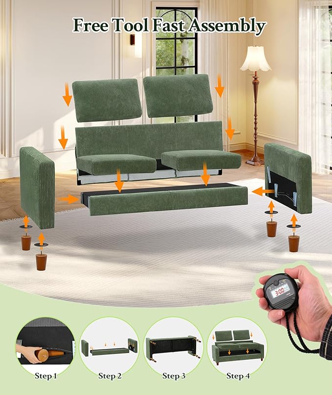 Welzona 70.2" Couches for living room, Comfy U Shaped Couch Green 7.1" Thicker Cushion, Sofas for Living Room Tool-Free Setup, Loveseat with Ottoman 7058lbs Support, Corduroy Couch for Bedroom, Office
