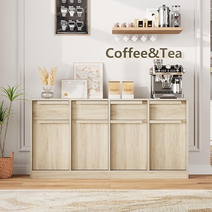 GarveeHome Sideboard Buffet Cabinet with 4 Drawers, 62.4 in Large Coffee Cabinet with Storage, Modern Storage Buffet Table for Kitchen Dining Room, Living Room (Pear Wood, 4 Doors & 4 Drawers)