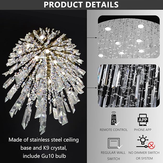 D32'' x H100'' Modern Crystal Chandelier High Ceiling Chandeliers for Entryway Glam Chandelier Large Raindrop Chandeliers LED Dimmable Light Fixtures for Staircaes Foyer Hallway Living Room Silver