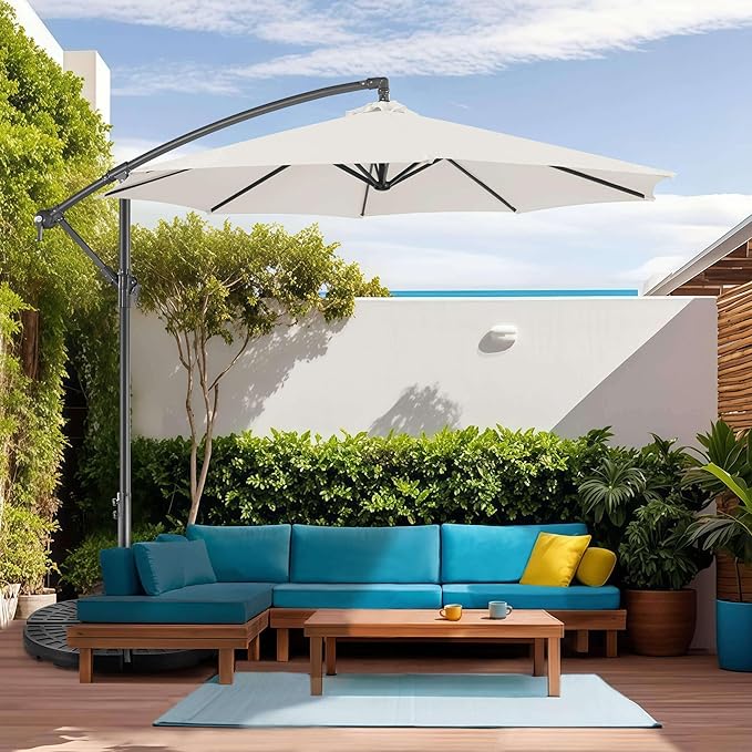 FLAME&SHADE 10ft Cantilever Patio Umbrella Outdoor, Large Offset Umbrella with Crank and Cross Base, UPF 50+ UV Protection Hanging Umbrella for Pool Deck Garden, Ivory