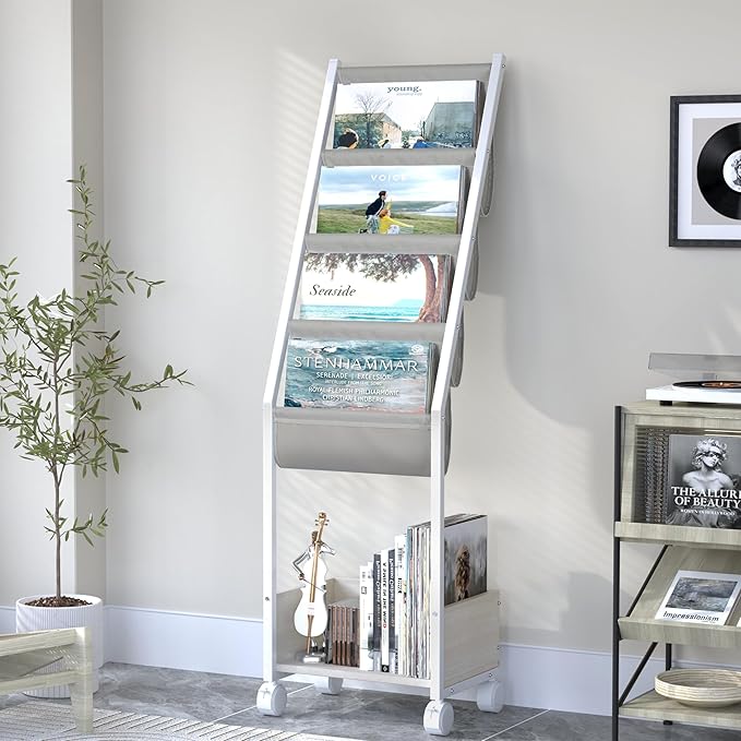 Keebofly Vinyl Record Storage, Record Holder Up to 100 Albums, Record Stand with 4 Tier Holder Display Shelf, Movable Vinyl Storage Organizer Rack, Record Cabinet for Book Magazine (White)
